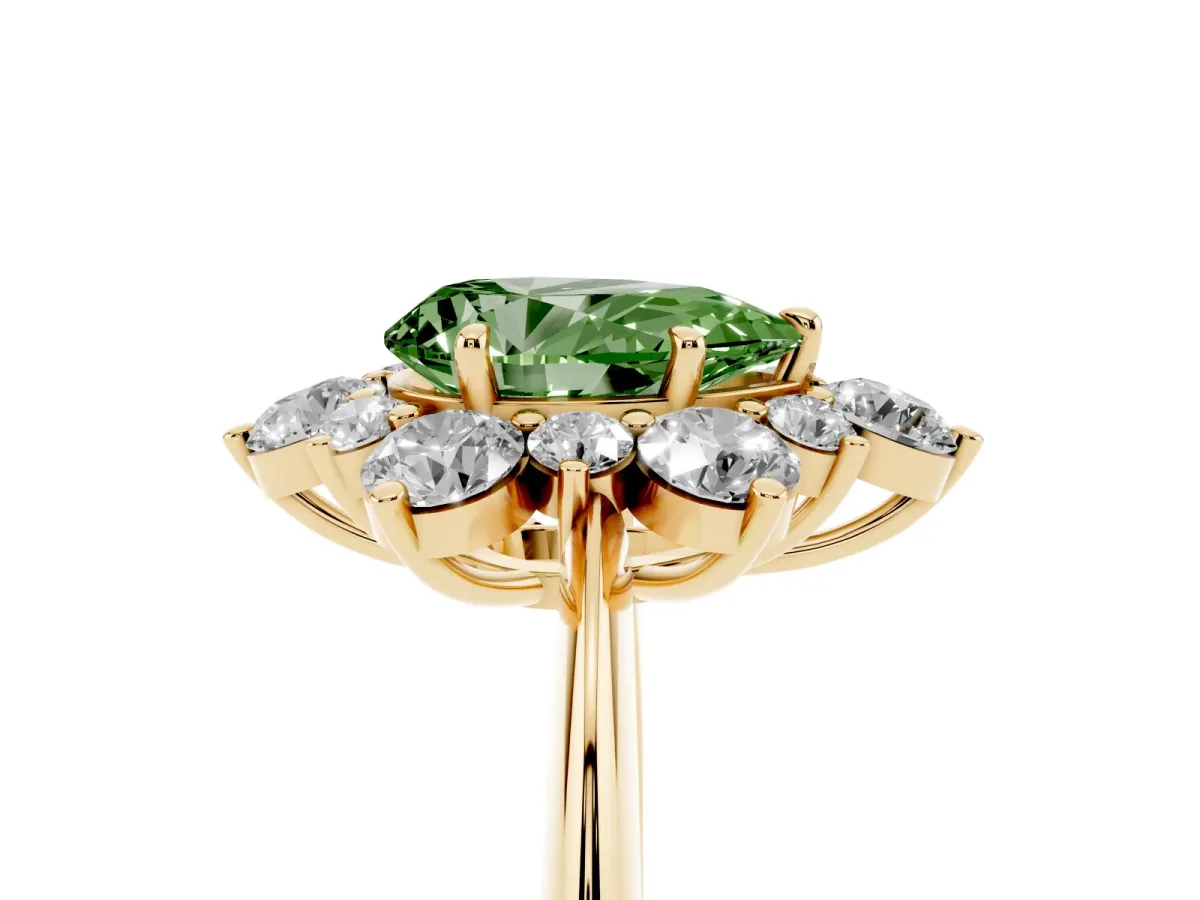 Fancy Green Pear Cut Diamond Cluster Halo Ring with Solitaire Band and Four-Prong Setting Yellow gold