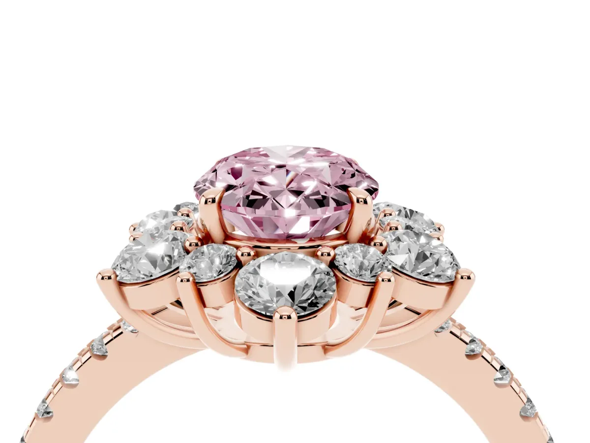 Fancy Pink Oval Cut Diamond Floral Halo Ring with Round Pavé Band and Prong Setting Rose gold