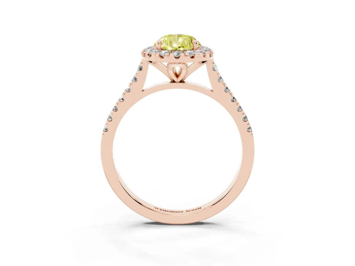 Fancy Yellow Pear Cut Diamond Cushion Halo Ring with Pavé Band Rose gold