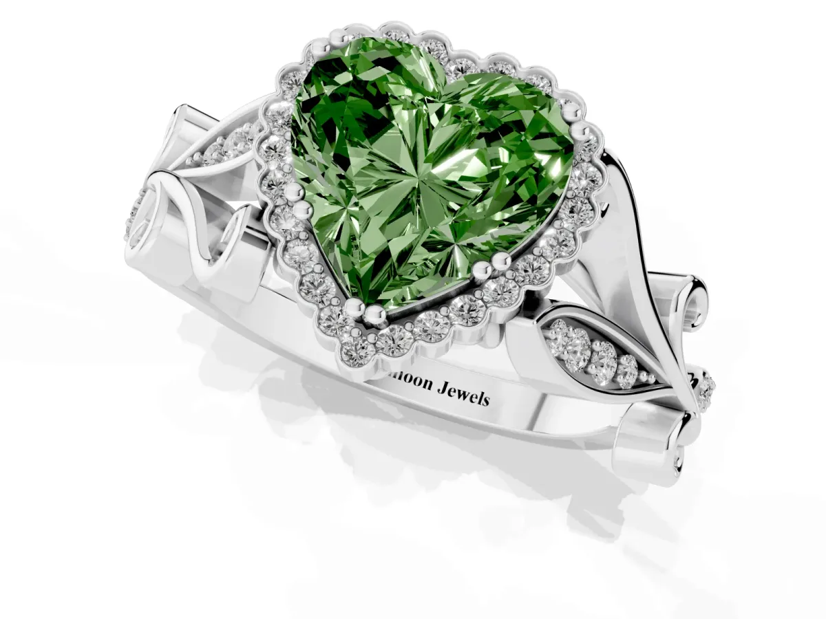 Fancy Green Heart Cut Diamond Halo Ring with Vintage Split Shank and Four-Prong Setting Silver