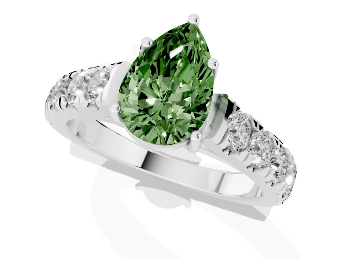 Fancy Green Pear Cut Cut Diamond Solitaire Ring with Micro Pave Band and Prong Setting Platinum