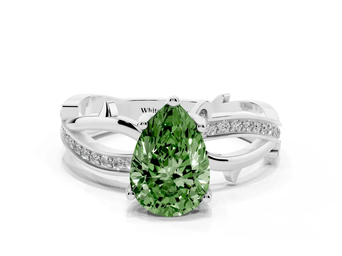 Fancy Green Pear Cut Solitaire Twist Band with Pavé Accents and Four-Prong Setting Silver