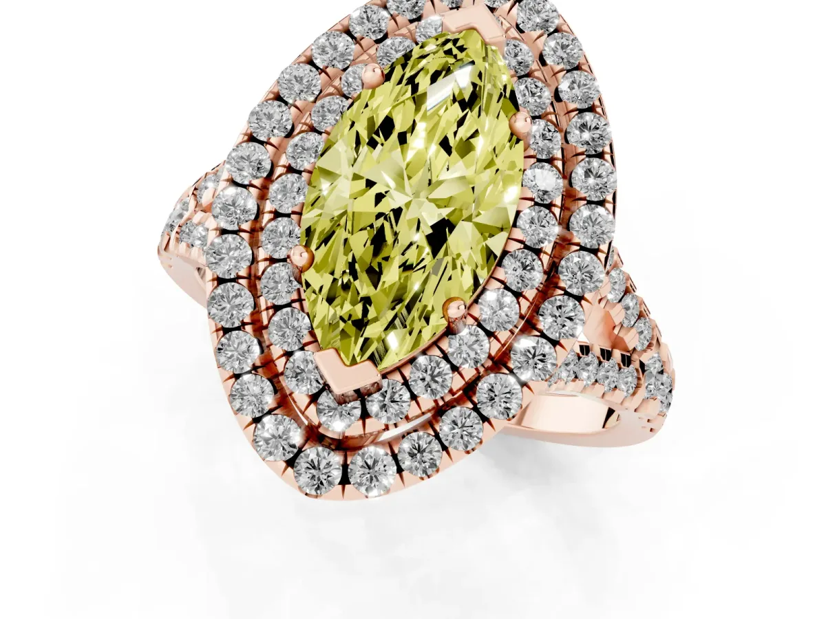 Fancy Yellow Double Halo Marquise Cut Diamond Pavé Split Shank Ring with Prong Setting Rose gold