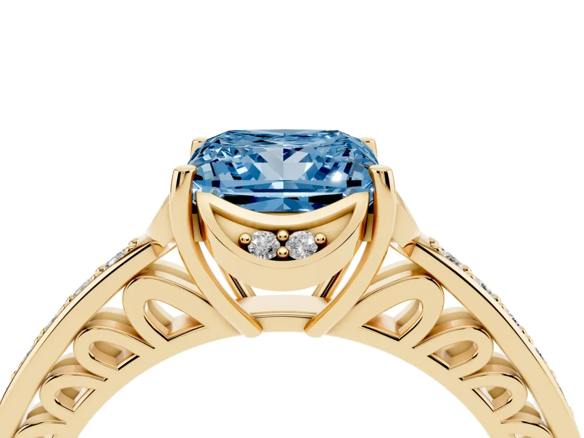 Fancy Blue Princess Cut Cut Halo Diamond Ring with Channel Set Band and Four-Prong Setting Yellow gold