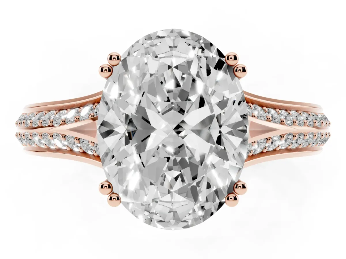 Oval Cut Diamond Split Shank Engagement Ring with Pavé Band Rose gold