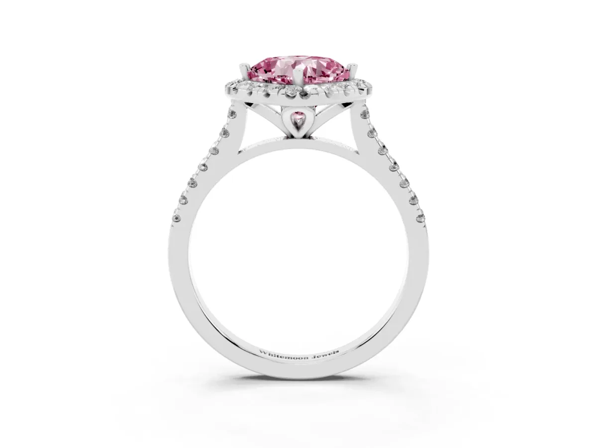Fancy Pink Cushion Cut Diamond Cushion Halo Ring with Pavé Band Silver