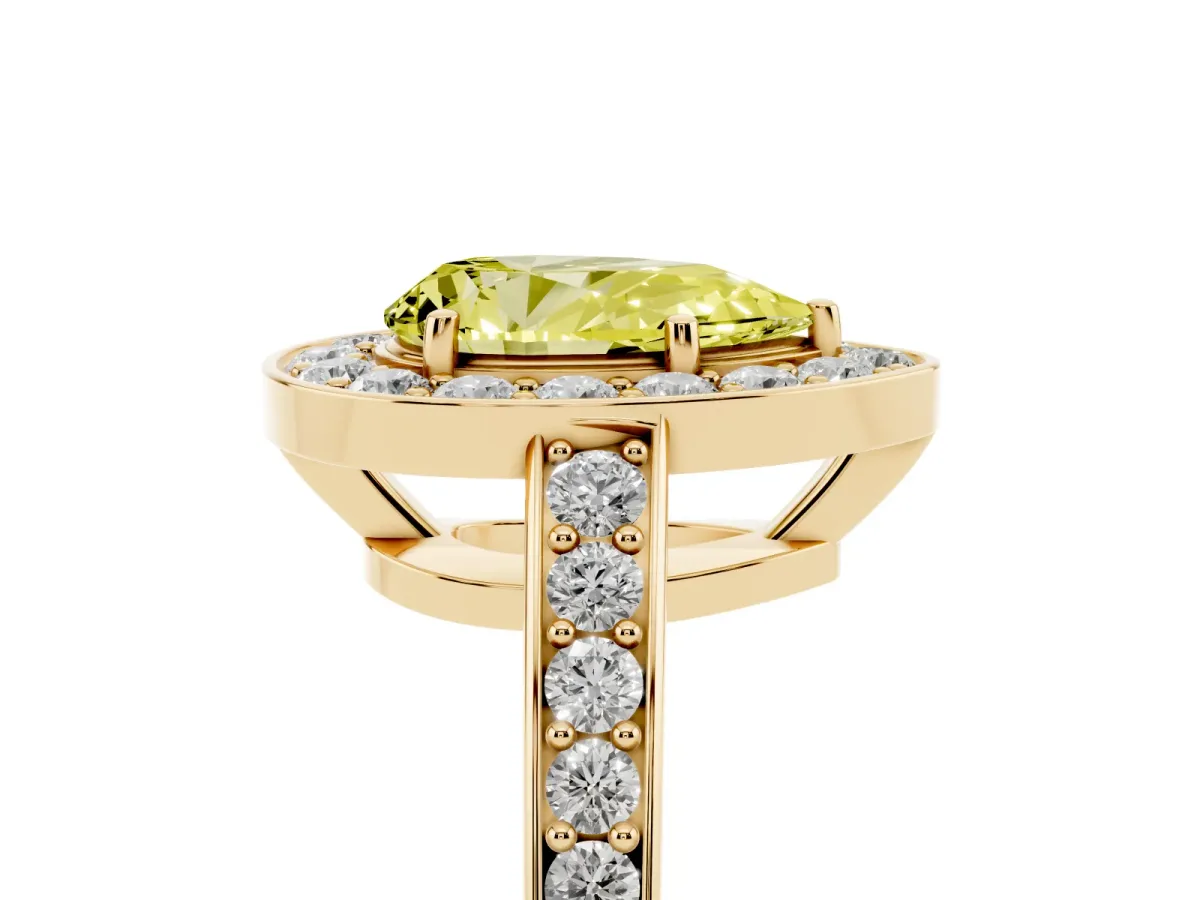 Fancy Yellow Pear Cut Halo Pavé Diamond Engagement Ring with Bezel Setting Yellow gold