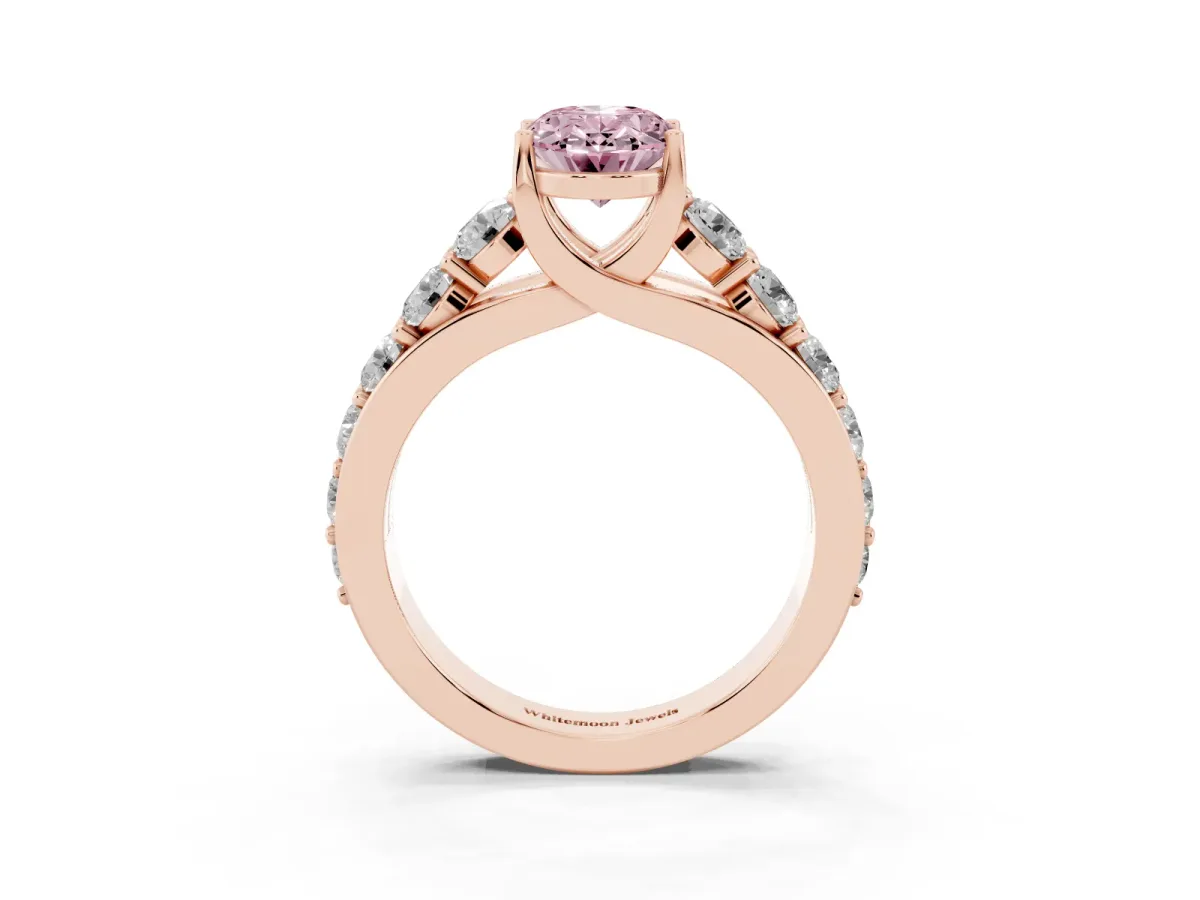 Fancy Pink Oval Cut Diamond Engagement Ring with Pavé Band and Four-Prong Setting Rose gold