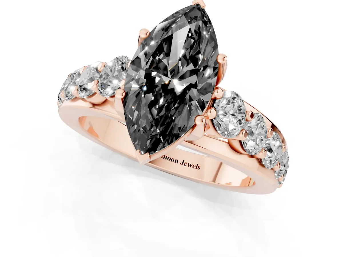 Fancy Black Marquise Cut Diamond Engagement Ring with Pavé Band and Four-Prong Setting Rose gold