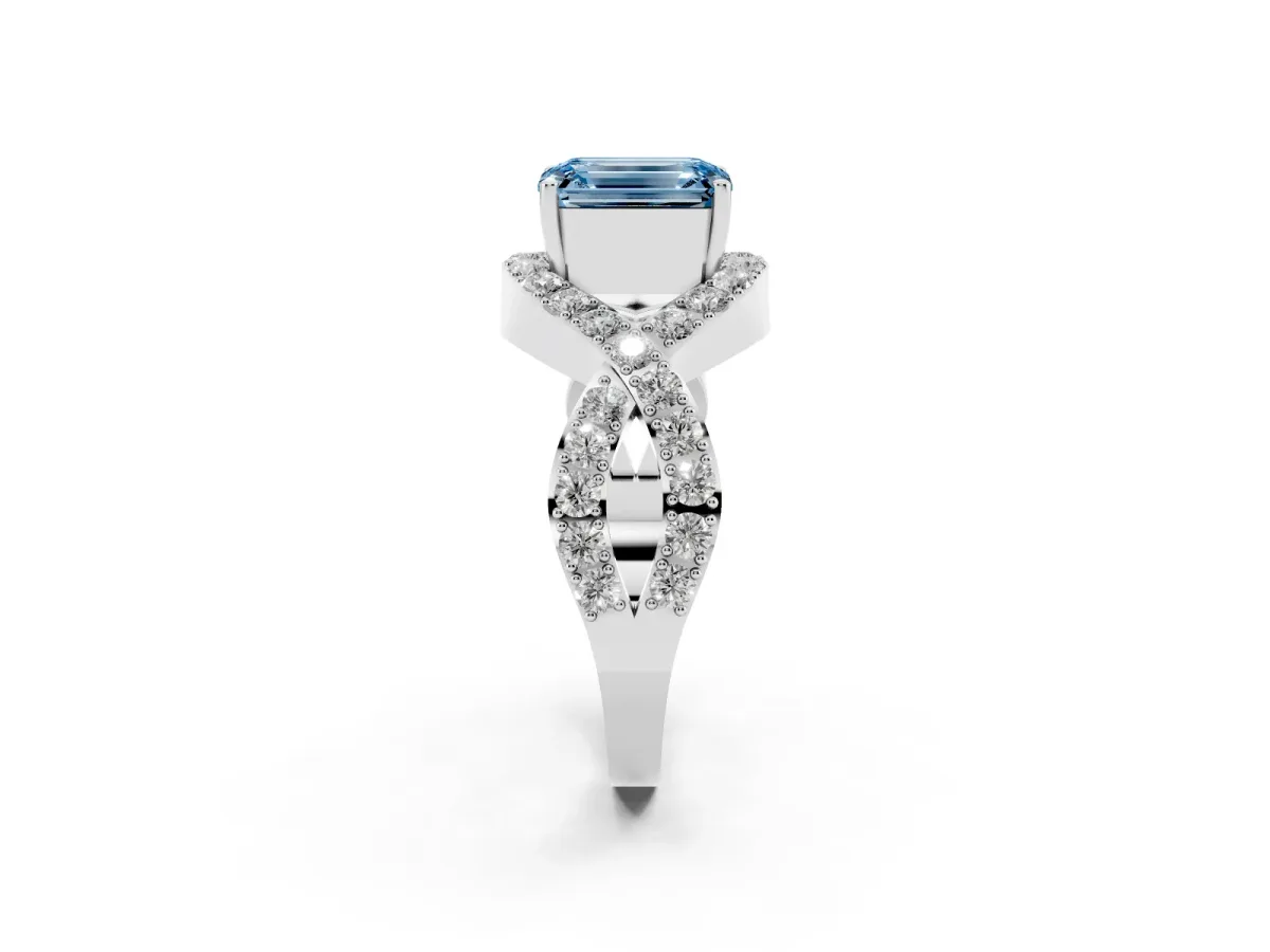 Fancy Blue Emerald Cut Solitaire Twist Band Pavé Diamond Engagement Ring Silver