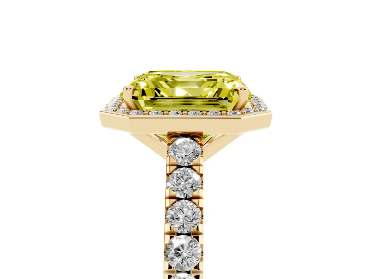 Fancy Yellow Asscher Cut Cut Halo Diamond Engagement Ring with Pave Band and Four-Prong Setting Yellow gold