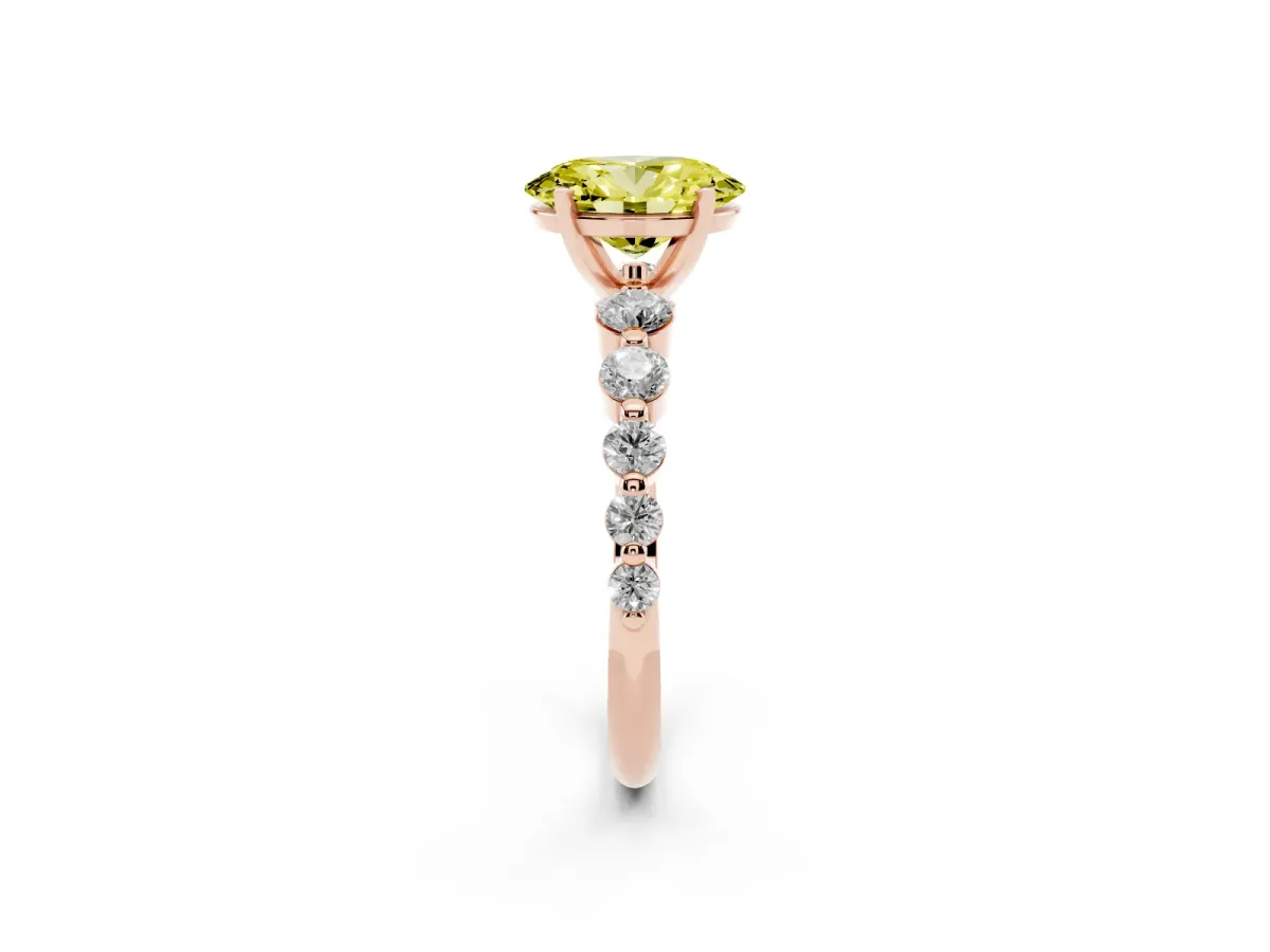 Fancy Yellow Oval Cut Solitaire Diamond Ring with Pave Band and Four-Prong Setting Rose gold