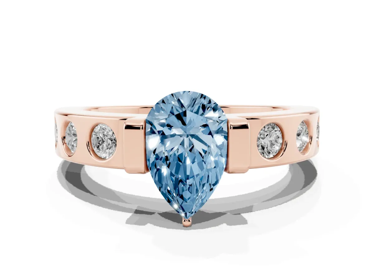 Fancy Blue Pear Cut Brilliant Channel-Set Diamond Ring with Bezel Prong Setting Rose gold