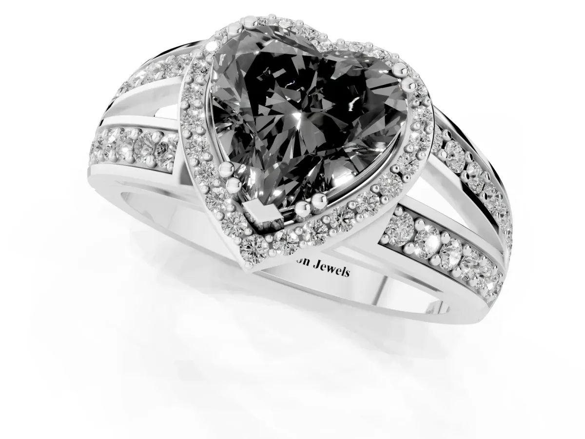 Fancy Black Heart Cut Diamond Halo Ring with Split Shank Pavé Band and Four-Prong Setting Platinum