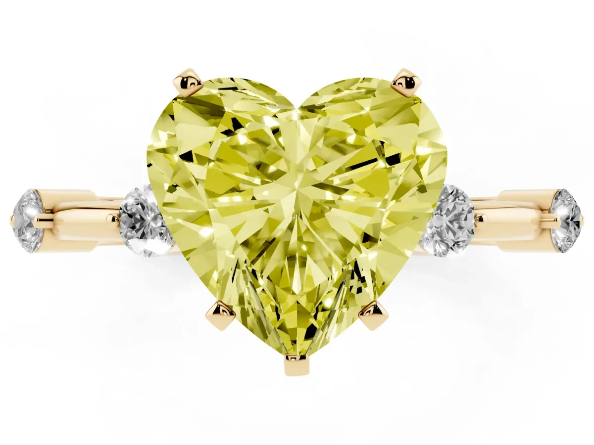 Fancy Yellow Heart Cut Solitaire Diamond Ring with Bezel Set Side Stones and Prong Setting Yellow gold