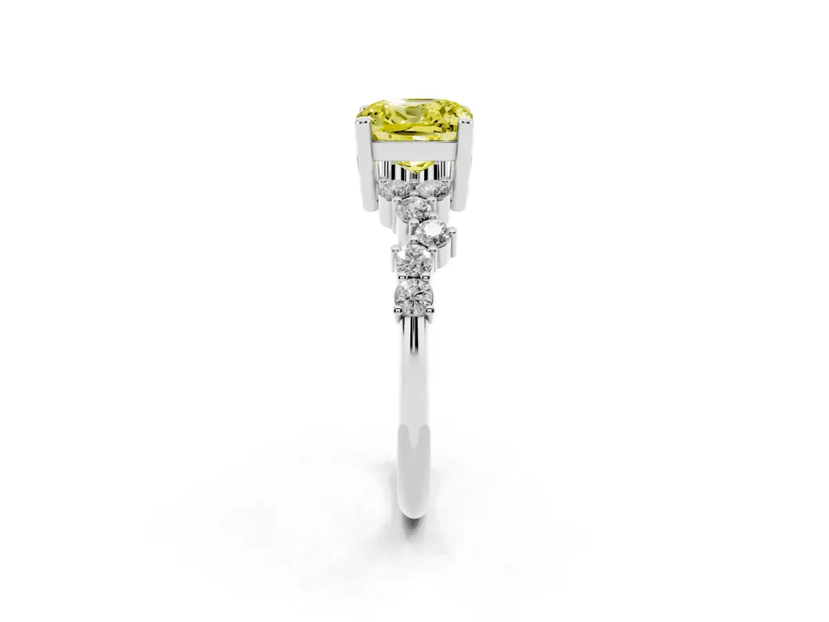 Fancy Yellow Cushion Cut Diamond Scattered Round Accent Ring with Prong Setting White gold