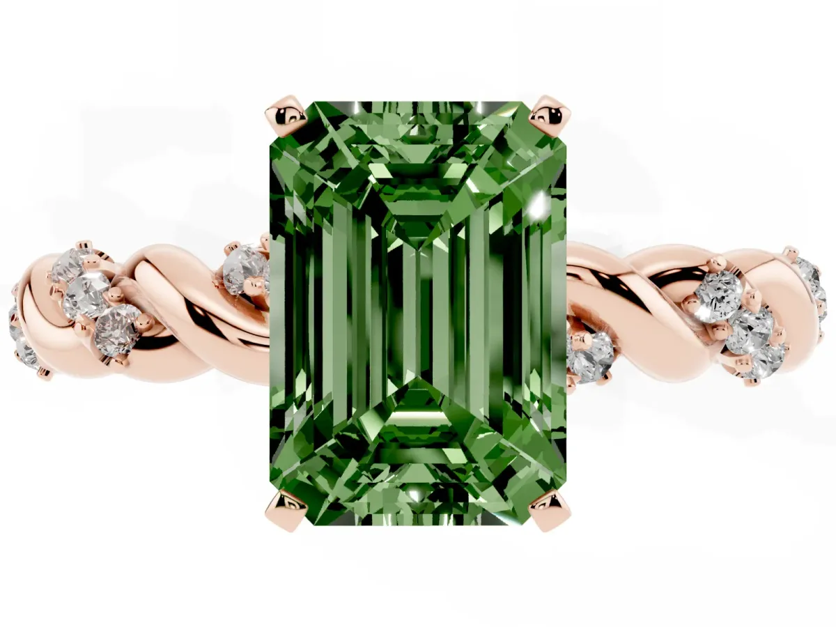 Fancy Green Emerald Cut Diamond Solitaire Ring with Twisted Band and Pavé Accents Rose gold