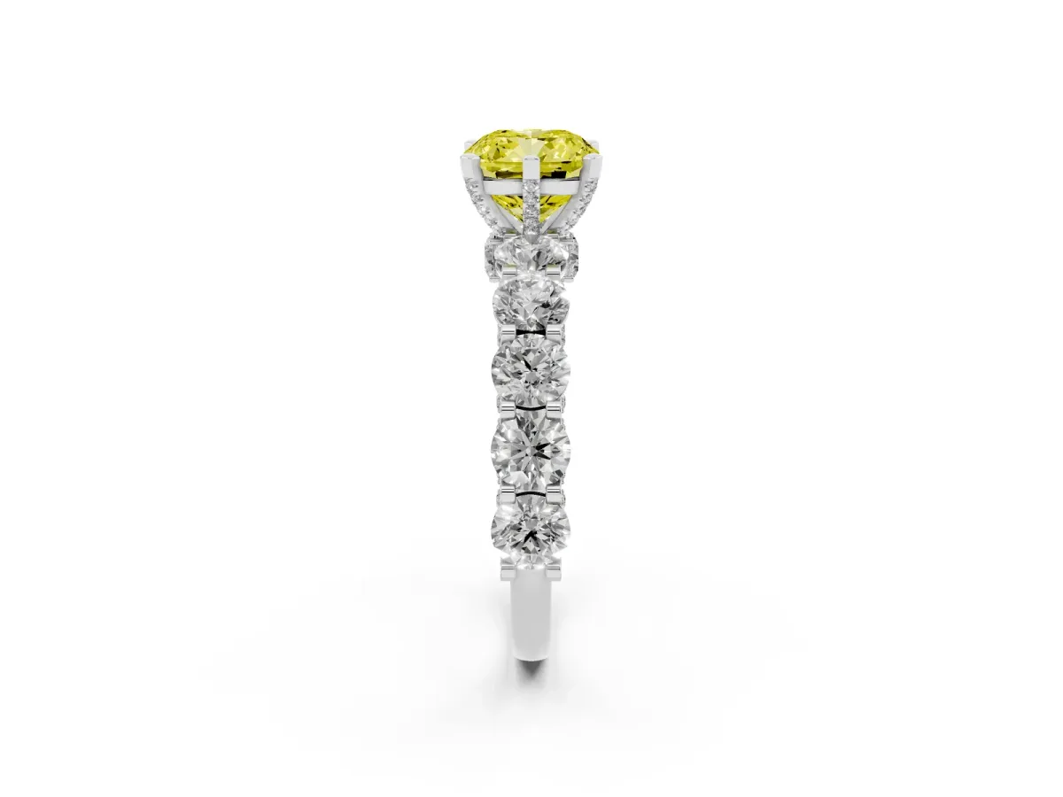 Fancy Yellow Cushion Cut Diamond Side Stone Engagement Ring with Four-Prong Setting White gold