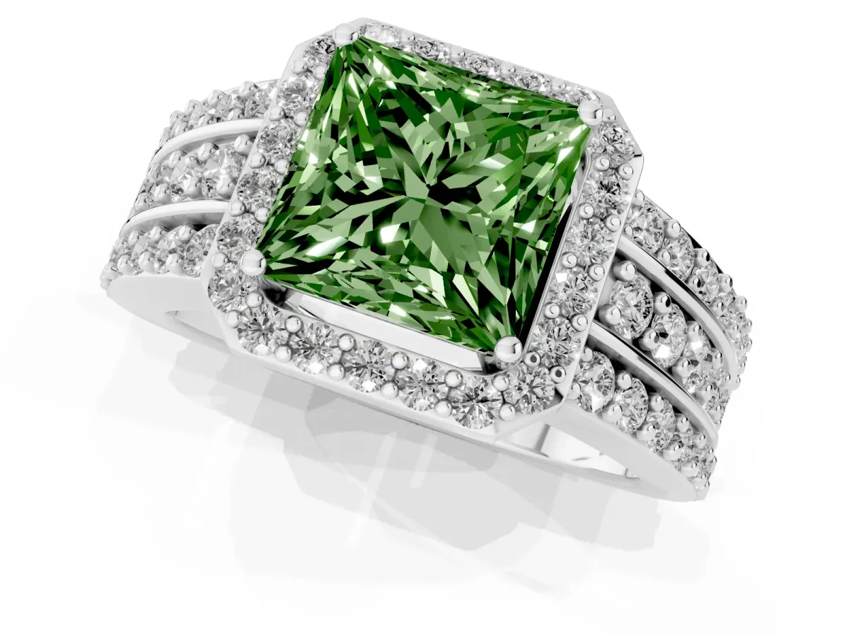 Fancy Green Princess Cut Halo Diamond Ring with Round Split Shank and Prong Setting Silver