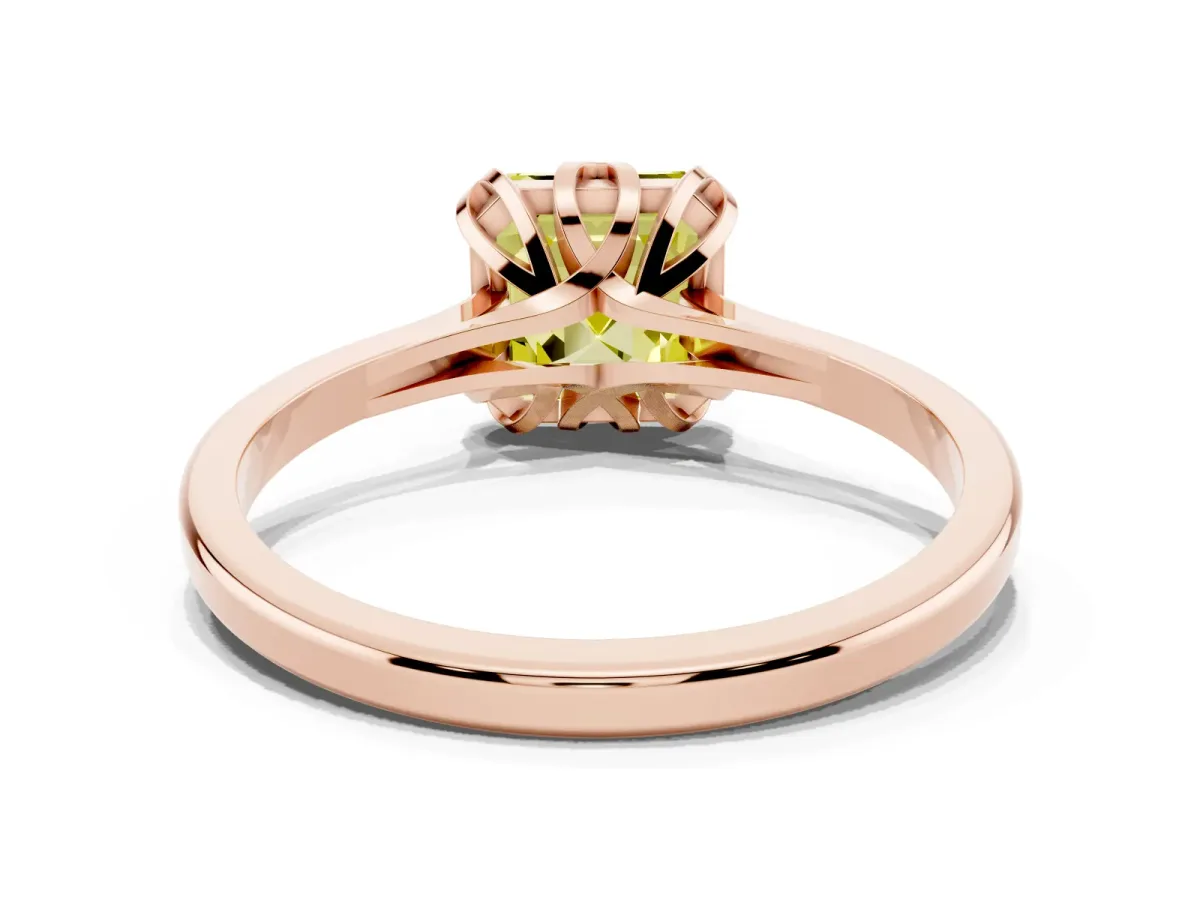 Fancy Yellow Asscher Cut Diamond Solitaire Ring with Flower Prong Setting and Classic Band Rose gold