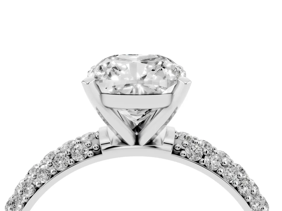 Cushion Cut Diamond Solitaire Ring with Prong Setting and Pavé Band Silver
