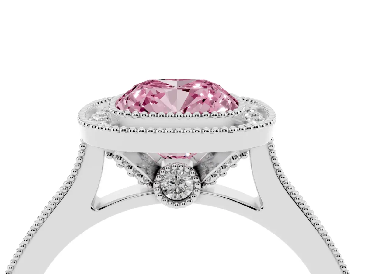 Fancy Pink Halo Cushion Cut-Cut Diamond Pave Band Milgrain Prong Setting Ring White gold