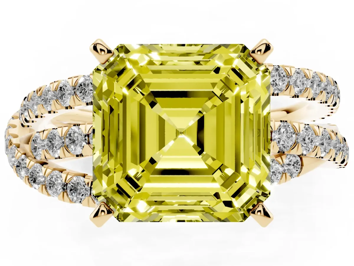 Fancy Yellow Asscher Cut Solitaire Twist Band with Pavé Setting and Four-Prong Setting Yellow gold