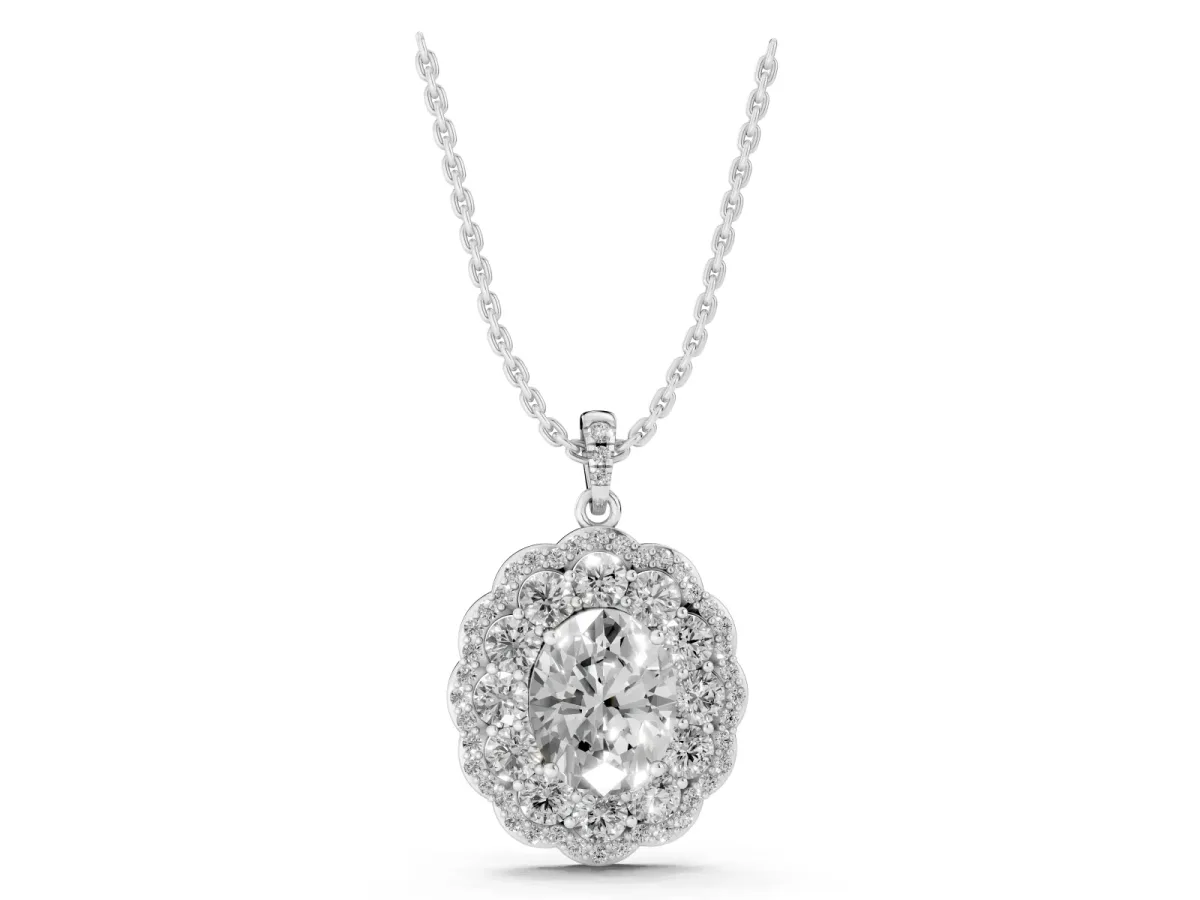 Oval Diamond Floral Halo Pendant with Diamond Accents Silver