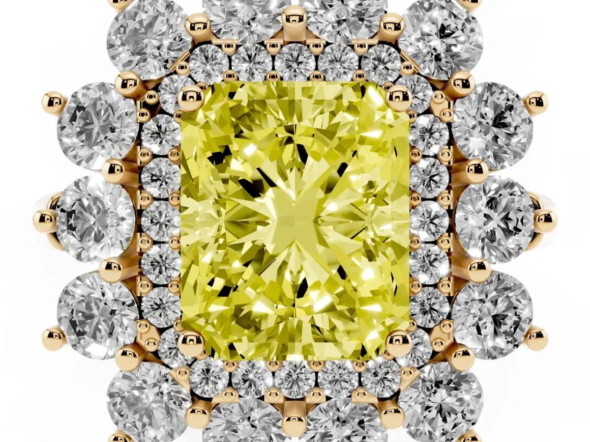 Fancy Yellow Radiant Cut Diamond Floral Double Halo Engagement Ring with Prong Setting Yellow gold