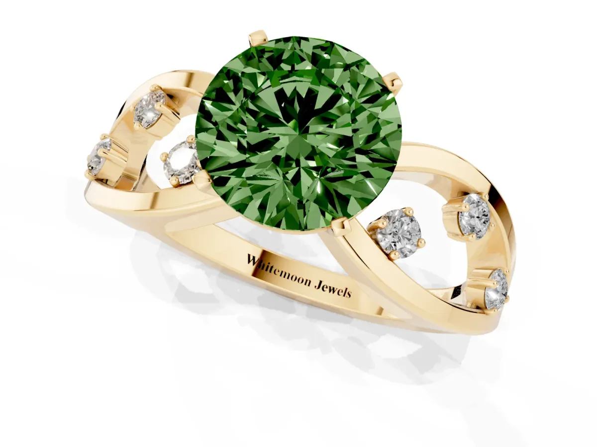 Fancy Green Round Cut Cut Solitaire Diamond with Side Stones on Criss-Cross Band and Four-Prong Setting Yellow gold