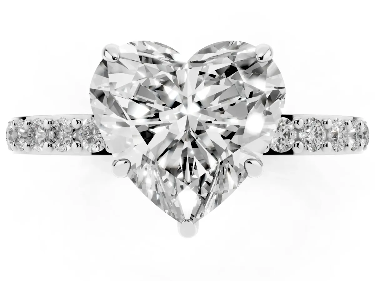 Heart Cut Diamond Pavé Engagement Ring with Round Accents and Prong Setting Silver