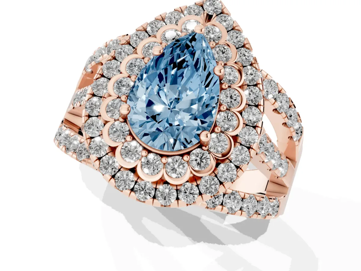 Fancy Blue Pear Cut Diamond Double Halo Ring with Round Pavé Split Shank and Prong Setting Rose gold