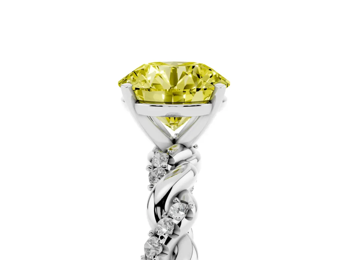 Fancy Yellow Round Cut Diamond Solitaire Ring with Twisted Band and Pavé Accents Silver