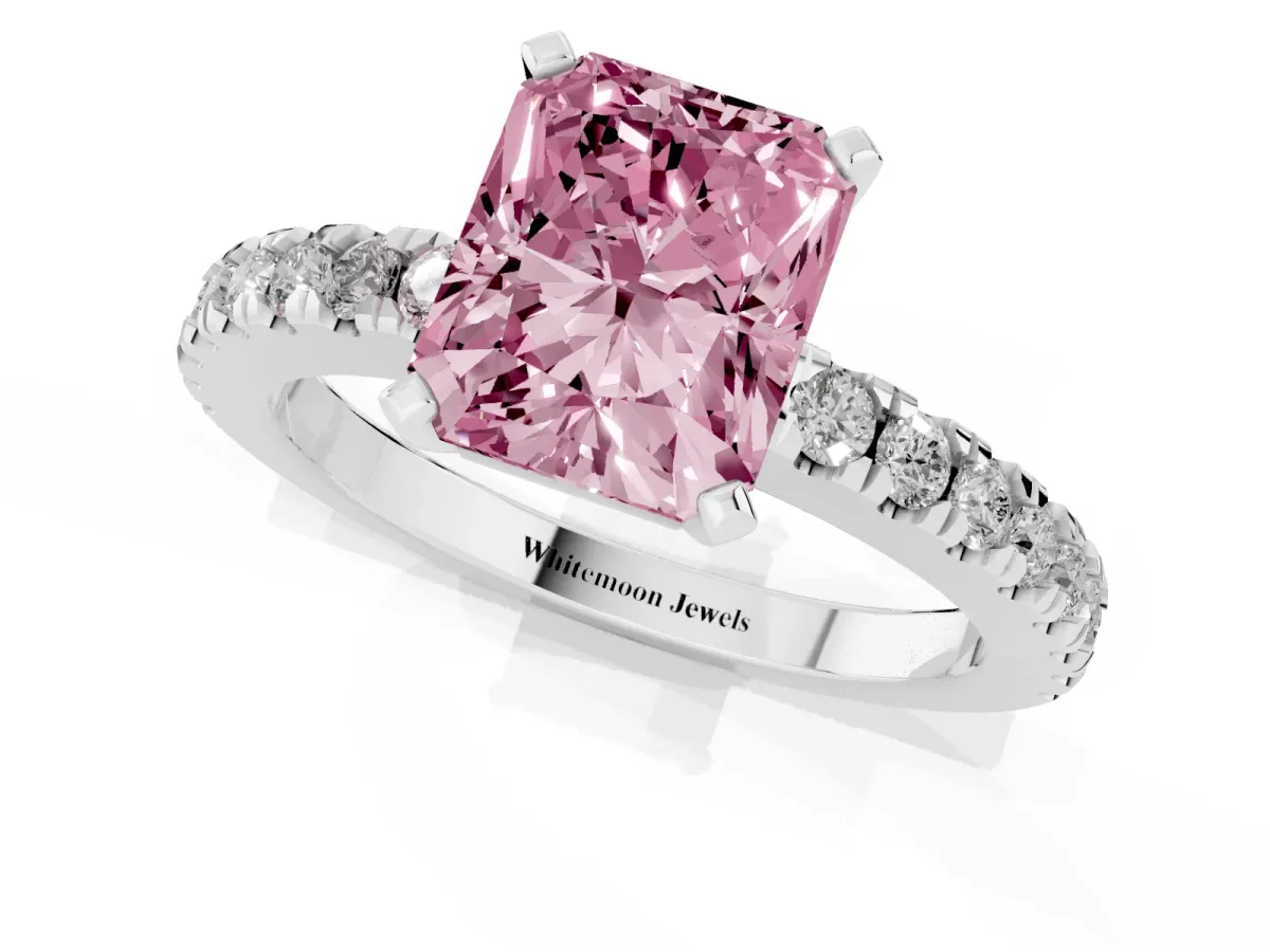 Fancy Pink Radiant Cut Solitaire Diamond with Pavé Band and Four-Prong Setting White gold