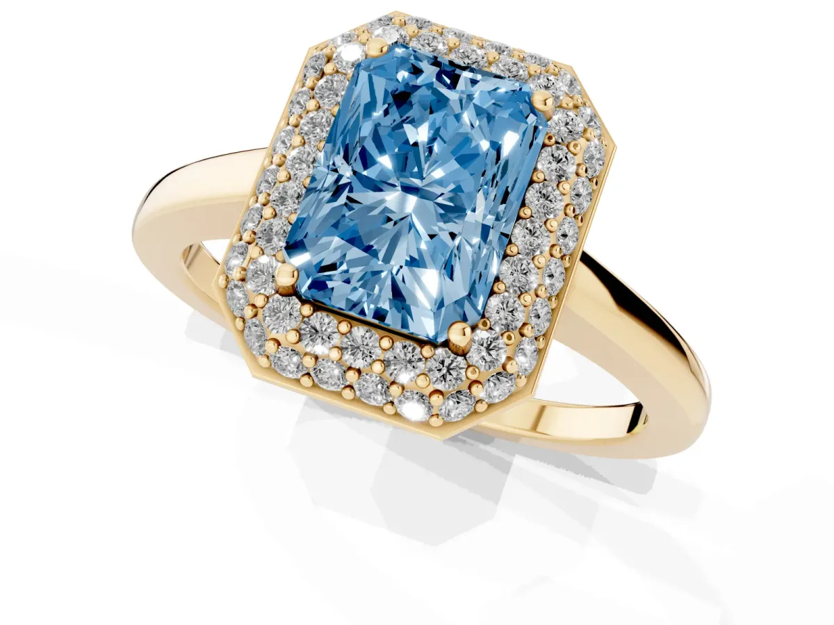 Fancy Blue Radiant Cut Halo Diamond Engagement Ring with Solitaire Band and Four-Prong Setting Yellow gold