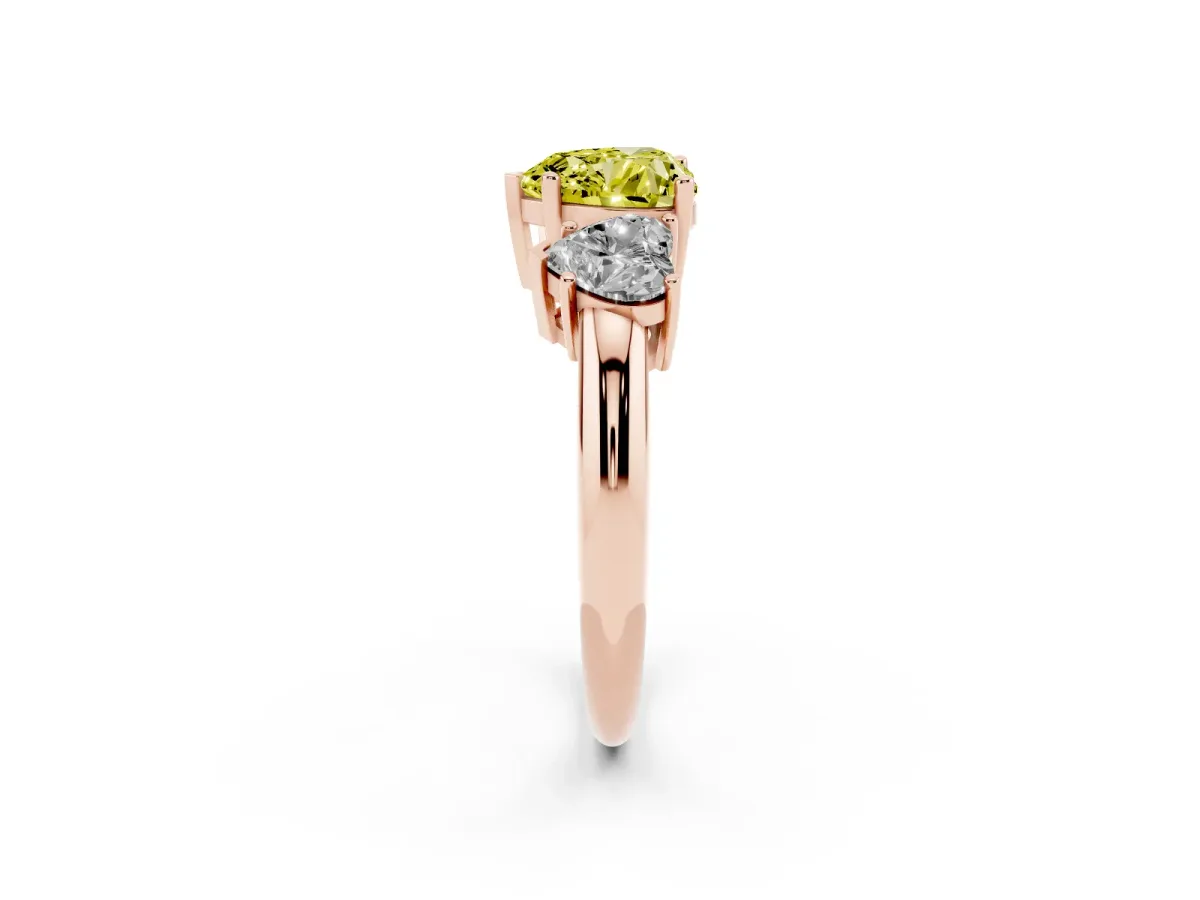 Fancy Yellow Three-Stone Heart Cut Cut Diamond Engagement Ring with Prong Setting on a White Gold Band Rose gold