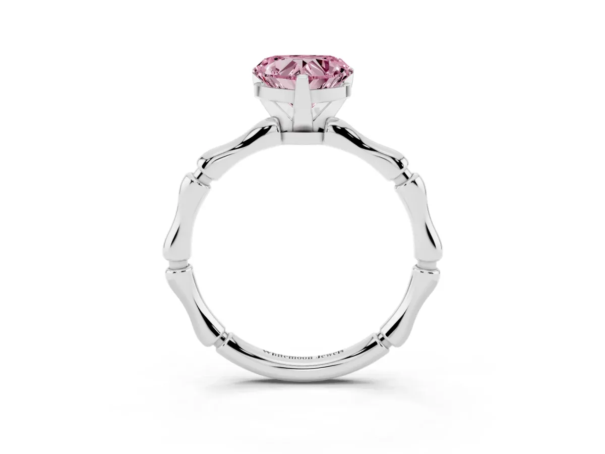 Fancy Pink Heart Cut Solitaire Diamond Ring with Bamboo Band and Four-Prong Setting Silver