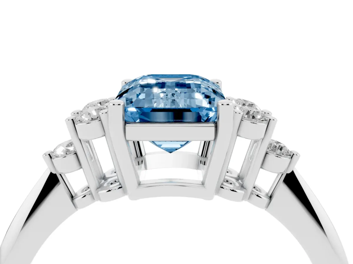 Fancy Blue Emerald Cut Cut Diamond Cluster Ring with Solitaire Band and Four-Prong Setting Platinum