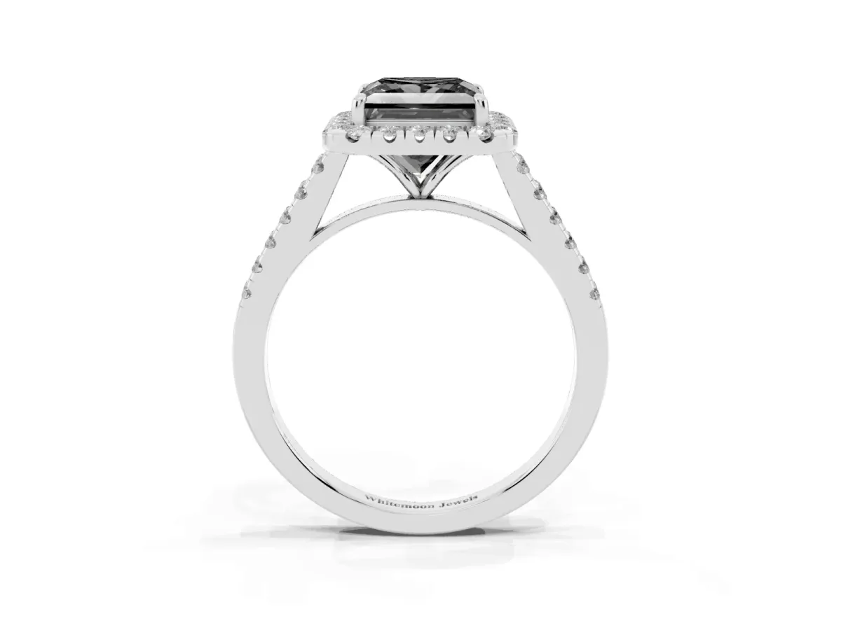 Fancy Black Princess Cut Halo Pave Diamond Engagement Ring with Four-Prong Setting Platinum