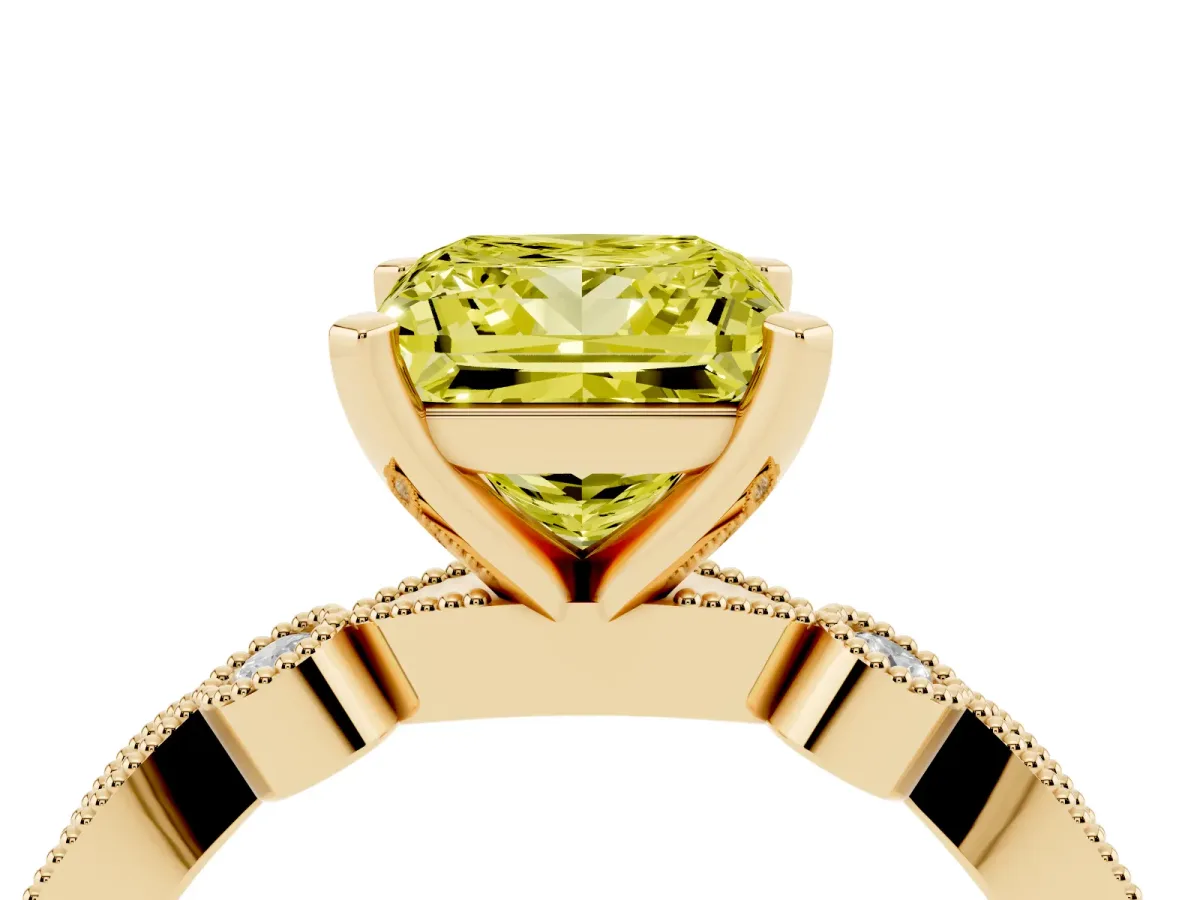 Fancy Yellow Princess Cut Milgrain Bezel Diamond Engagement Ring with Solitaire Prong Setting Yellow gold