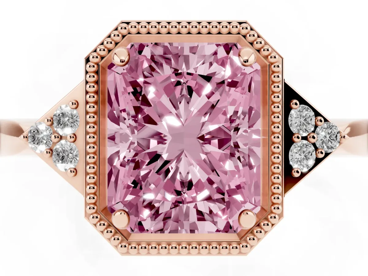 Fancy Pink Hexagonal Halo Radiant Cut Diamond Solitaire with Pavé Band and Four-Prong Setting Rose gold