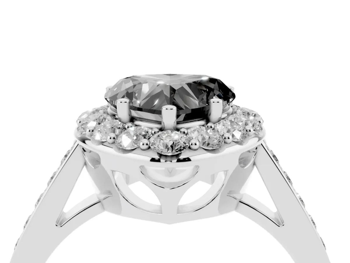 Fancy Black Heart Cut Diamond Floral Halo Ring with Pavé Band and Prong Setting White gold