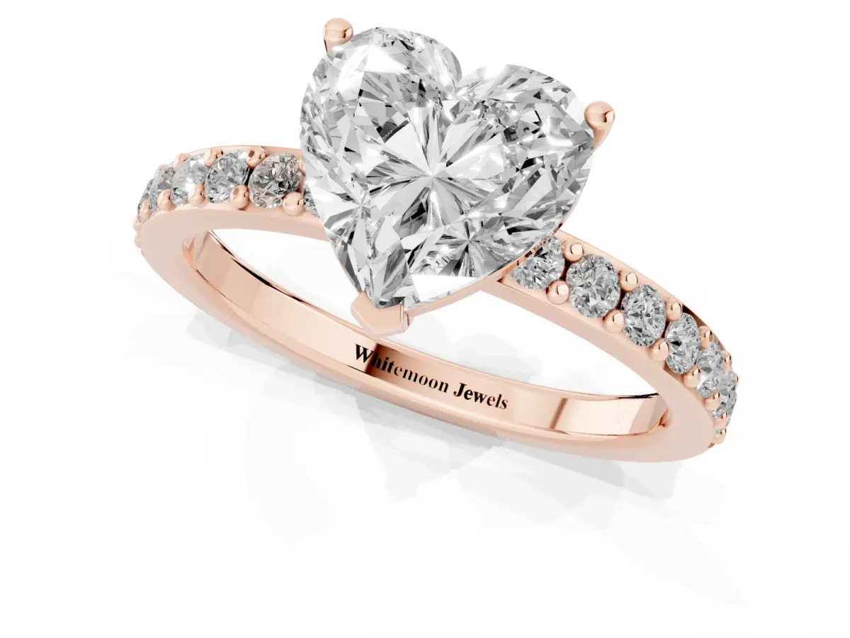 Heart Cut Cut Diamond Solitaire with Pave Band and Four-Prong Setting Rose gold
