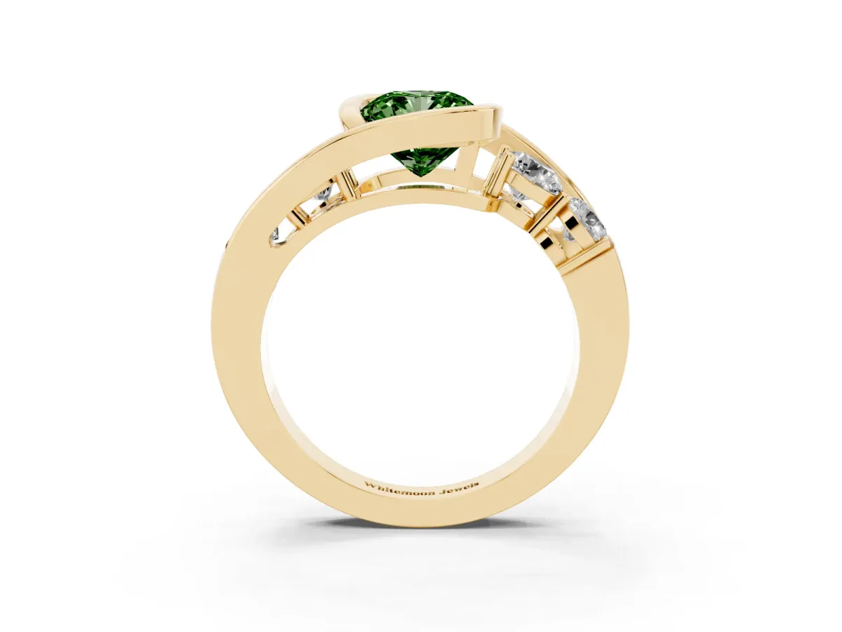 Fancy Green Bezel Set Cushion Cut Diamond Bypass Ring with Round Accents Yellow gold