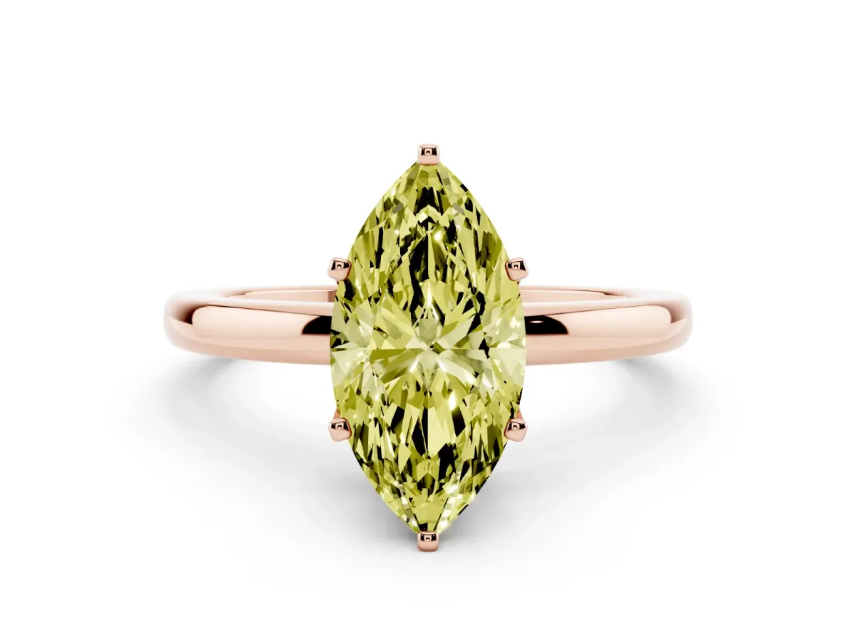 Fancy Yellow Marquise Cut Solitaire Diamond Ring with Six-Prong Setting on a Classic Band Rose gold