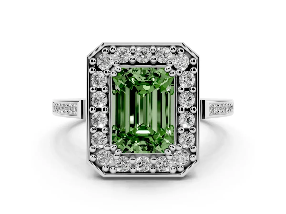 Fancy Green Emerald Cut Diamond Halo Ring with Split Shank and Four-Prong Setting Silver