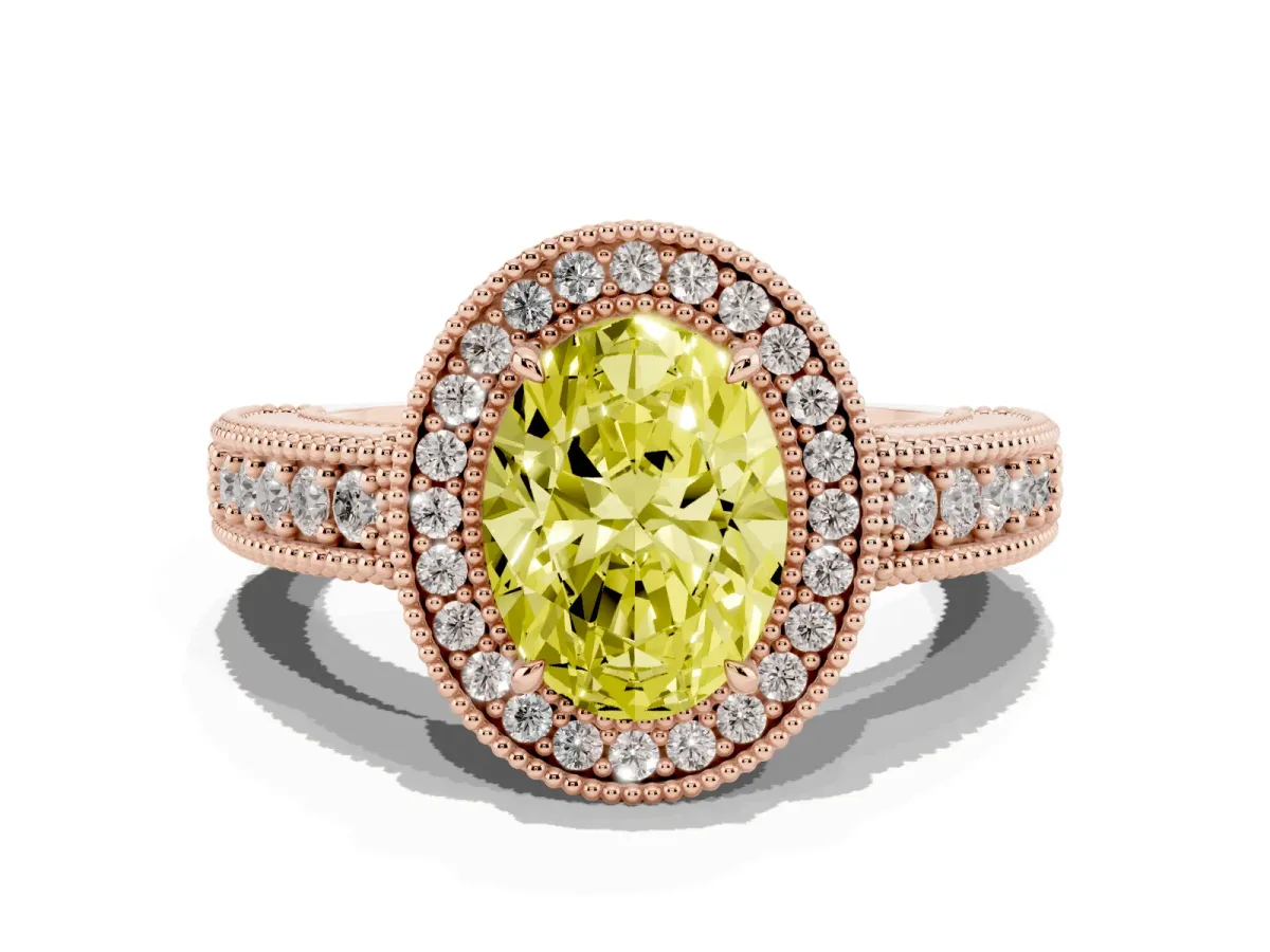 Fancy Yellow Oval Cut Cut Halo Diamond Ring with Pavé Band and Four-Prong Setting Rose gold