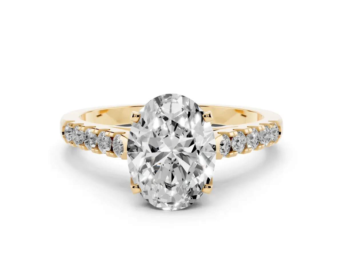 Oval Cut Diamond Pavé Band Solitaire Ring with Prong Setting Yellow gold