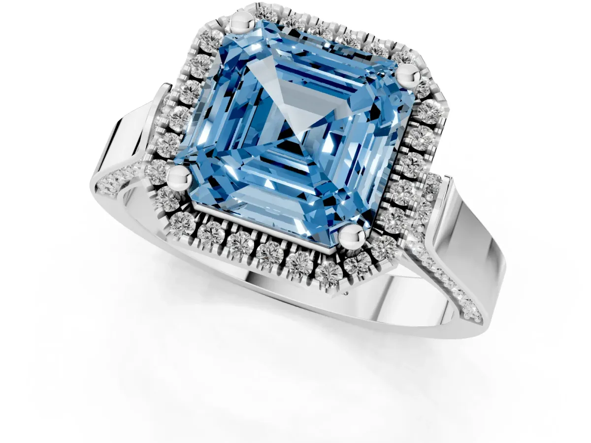 Fancy Blue Asscher Cut Halo Pave Split Shank Prong Setting Ring Silver