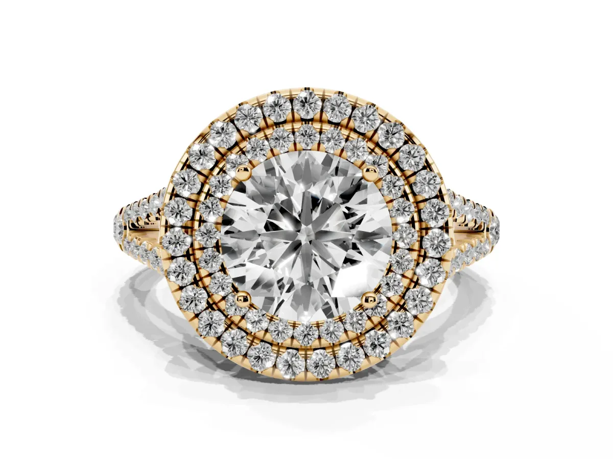 Round Cut Diamond Double Halo Ring with Pavé Band and Prong Setting Yellow gold
